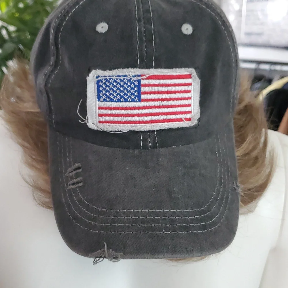 New Ametican Flag Gray Distressed Hat Ball Cap.